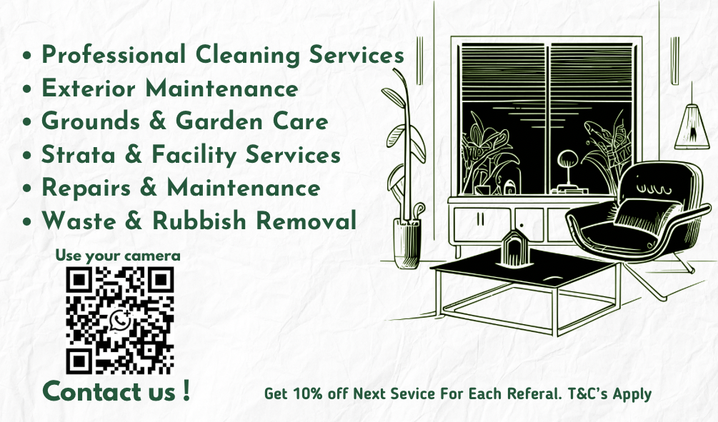 Back of business card for Optimus Property Maintenance showcasing services such as end-of-lease cleaning, regular house cleaning, office cleaning, carpet cleaning, window cleaning, and property maintenance. Includes a QR code for easy online booking and a discount code for new customers, offering 10% off the first service.